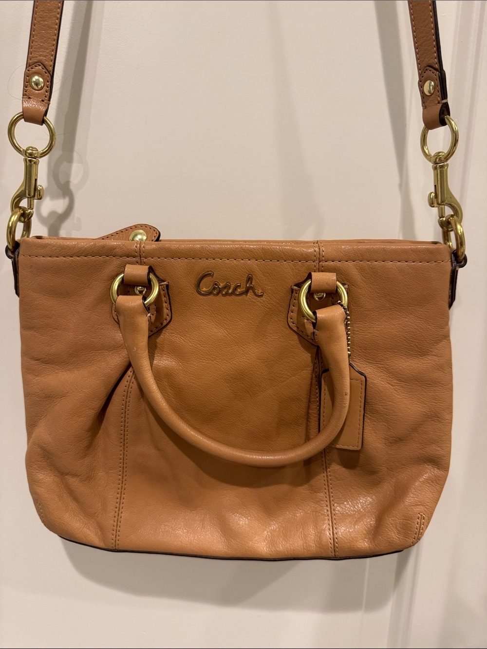Coach Caramel Tan Leather Crossbody Bag with Gold Hardware & Lilac Interior